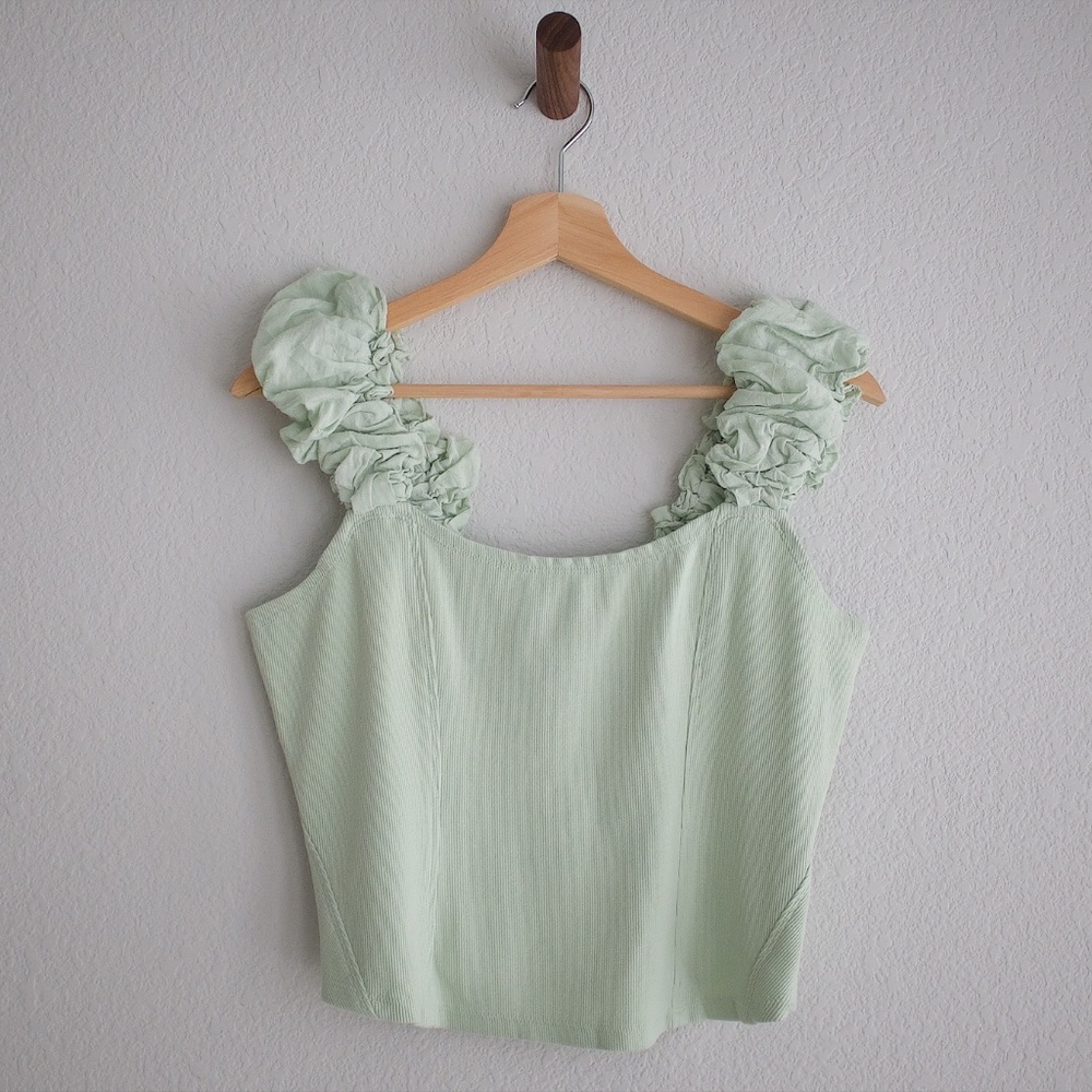 Anthropologie cropped cotton top, mint green, Large, rouched straps, NWT